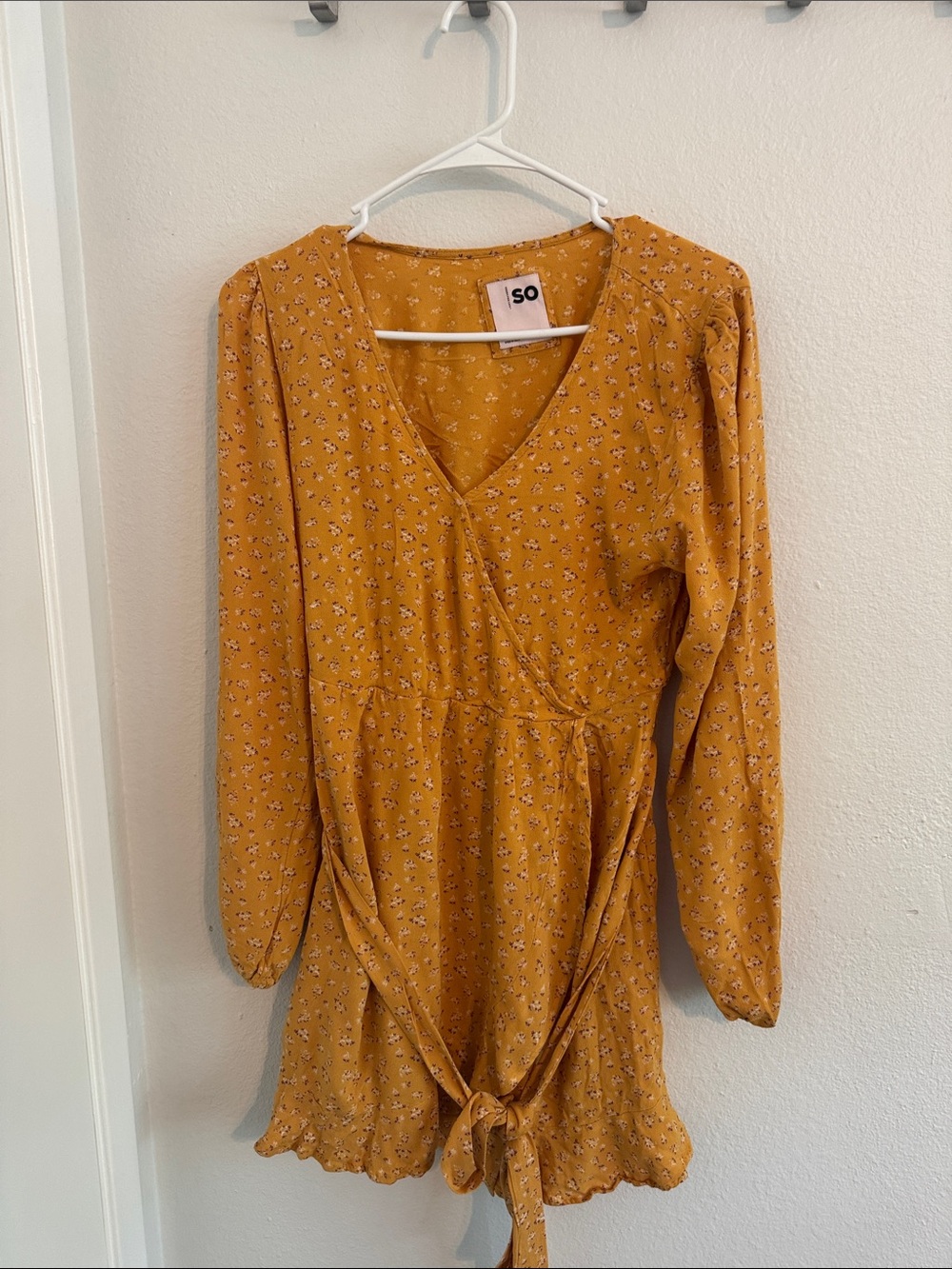 SO Mustard Floral Long-Sleeve Tie-Waist Dress
